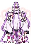  absurdly_long_hair alternate_costume cosplay dress euryale fate/hollow_ataraxia fate_(series) headdress height_difference kon_manatsu long_hair multiple_girls purple_eyes purple_hair rider sandals siblings sisters stheno twins twintails very_long_hair white_dress 