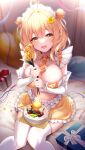  1girl :d absurdres ahoge anto_mel aria_(koiiroharemoyou) blurry blurry_background blush box breasts cake candle cleavage commentary_request detached_collar detached_sleeves double-parted_bangs double_bun eyelashes feet_out_of_frame flower food frilled_skirt frills gift gift_box hair_between_eyes hair_bun hands_up happy happy_birthday heart heart-shaped_pupils heart_ahoge highres holding holding_flower huge_breasts indie_virtual_youtuber indoors knees_together_feet_apart looking_at_viewer maid maid_headdress medium_hair miniskirt mole mole_under_eye navel necktie on_bed open_mouth orange_flower orange_hair orange_necktie orange_skirt short_necktie sitting skirt sleeves_past_wrists smile solo sparkling_eyes symbol-shaped_pupils thighhighs virtual_youtuber white_sleeves white_thighhighs yellow_eyes yellow_flower 