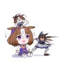  2girls admire_vega_(umamusume) ahoge animal_ears bow bowtie brown_footwear brown_hair chibi commentary doqute_stuffed_doll ear_covers glowing glowing_eyes highres horse_ears horse_girl horse_tail kannagi2001 loafers long_hair meisho_doto_(umamusume) motion_blur multiple_girls purple_bow purple_bowtie purple_serafuku purple_shirt sailor_collar sailor_shirt school_uniform serafuku shirt shoes short_hair simple_background single_ear_cover tail thighhighs tracen_school_uniform umamusume white_background white_hair white_thighhighs 