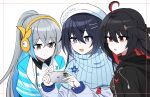  3girls :o black_hair black_jacket black_shirt blue_eyes blue_hair blue_jacket blue_scarf border cellphone character_request closed_mouth colored_inner_hair commentary english_commentary grey_eyes grey_hair hat highres holding holding_phone honkai_(series) honkai_impact_3rd jacket lix_(iroiro3843) multicolored_hair multiple_girls open_mouth parted_lips phone ponytail red_eyes red_hair scarf shirt simple_background smile streaked_hair white_background white_headwear white_jacket 