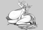 anthro bakuhaku big_breasts bikini biped breasts clothed clothing equid equine eyelashes female hair hooves horn huge_breasts hyper hyper_breasts kneeling mammal pupils smile solo swimwear thick_thighs unicorn