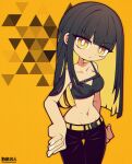  1girl artist_name bare_shoulders belt belt_bra black_bra black_hair black_pants blonde_hair blunt_bangs bra breasts bright_pupils closed_mouth commission cowboy_shot fingernails funamusea_(artist) highres hime_cut long_hair looking_at_viewer medium_breasts midriff mole mole_on_stomach multicolored_hair nail_polish navel orange_background original pants skeb_commission solo two-tone_hair underwear white_nails white_pupils yellow_belt yellow_eyes 