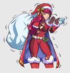  1girl blue_cape bodysuit candy candy_cane cape chriiis christmas facial_mark fire_emblem fire_emblem_engage fire_emblem_heroes food hair_ornament hat highres holding holding_sack multicolored_cape multicolored_clothes official_alternate_costume red_bodysuit red_cape sack santa_hat solo star_(symbol) star_facial_mark star_hair_ornament star_print two-tone_cape yunaka_(fire_emblem) yunaka_(fire_emblem)_(spirited_envoy) 