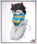 ajiikuo anthro bottomless clothed clothing covering covering_crotch covering_pussy embarrassed female hi_res kneeling navel nipple_outline solo solo_focus temmie_(undertale) topwear undertale undertale_(series) wet wet_clothing wet_topwear