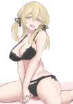  1girl absurdres aqua_eyes bikini black_bra black_panties black_ribbon blonde_hair bra breasts cleavage highres kantai_collection ken_(shutenndouji1) large_breasts long_hair one-hour_drawing_challenge open_mouth panties prinz_eugen_(kancolle) ribbon side-tie_bikini_bottom simple_background sitting solo swimsuit teeth twintails underwear underwear_only upper_teeth_only wariza white_background 