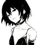  ._(kometto333) 1girl arms_at_sides bare_shoulders black_choker black_dress black_eyes black_gloves black_hair bob_cut breasts choker close-up closed_mouth collarbone commentary dress elbow_gloves empty_eyes eyelashes gloves greyscale hair_between_eyes head_tilt highres monochrome monogatari_(series) narrowed_eyes oshino_ougi plunging_neckline portrait short_hair simple_background sketch small_breasts solo white_background 