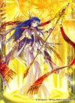  1girl blue_eyes blue_hair bracelet company_name dress elice_(fire_emblem) eyes_closed fire_emblem fire_emblem:_monshou_no_nazo fire_emblem_cipher hair_ornament jewelry kita_senri long_hair magic_circle nintendo official_art ruby_(stone) short_sleeves solo_focus spirit staff wide_sleeves wings 