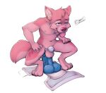 absurd_res anthro bastionshadowpaw canid canine chastity_cage chastity_cage_only chastity_device chastity_device_only diaper diaper_change dildo dildo_sitting hi_res looking_pleasured lubed_dildo lubed_sex_toy male mammal meme no_nut_november penetration pink_body sex_toy solo tongue tongue_out