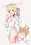  1girl animal_ear_fluff animal_ears arknights ass blonde_hair blue_hairband center_opening cow flat_chest fox_ears fox_girl fox_tail from_side fundoshi hairband hand_up highres infection_monitor_(arknights) japanese_clothes kitsune kyuubi looking_at_viewer multiple_tails open_mouth pelvic_curtain sarashi simple_background smile suzuran_(arknights) tail teeth upper_teeth_only yakurope-moko yamakasa yellow_eyes 