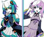  2girls alternate_hairstyle aqua_eyes aqua_hair artist_name bare_shoulders black_jacket black_sleeves bright_pupils collared_dress commentary cosplay detached_sleeves dress flat_chest grin hair_between_eyes hair_ornament hairstyle_switch halftone hand_up hatsune_miku hatsune_miku_(cosplay) highres jacket long_hair long_sleeves looking_at_viewer low_twintails machigami_yoh medium_hair multicolored_hair multicolored_nails multiple_girls nail_polish number_tattoo off_shoulder open_mouth own_hands_together pleated_dress purple_dress purple_eyes purple_hair purple_ribbon rabbit_tattoo ribbon shoulder_tattoo signature simple_background sleeveless sleeveless_dress sleeves_past_wrists smile standing streaked_hair tattoo twintails twitter_username upper_body vocaloid watermark white_background white_dress white_pupils yuzuki_yukari yuzuki_yukari_(cosplay) 