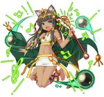  :d animal_ears ankle_lace-up anklet armlet barefoot bastet_(p&amp;d) bracelet brown_hair cat_ears cat_tail cross-laced_footwear crown dark_skin egyptian fang green_eyes hair_tubes headgear instrument jewelry masaki_shino midriff navel open_mouth puzzle_&amp;_dragons sistrum smile tail thigh_gap 