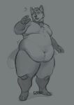 anthro bell bell_collar belly canid canine cillaroz collar collar_only fat_rolls fox fur greyscale hi_res love_handles male mammal monochrome moobs navel nude obese obese_anthro obese_male open_mouth overweight overweight_anthro overweight_male solo standing surprise thick_thighs weight_gain