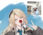  1girl animal_ears arknights black_hairband black_jacket blonde_hair blue_eyes blue_necktie blurry cherry_tomato commentary depth_of_field dog dog_ears dog_girl floppy_ears fork hair_between_eyes hairband hand_up highres jacket joshua_(shisanli934) kristen_(arknights) long_hair looking_at_viewer necktie photo-referenced portrait reference_inset shirt simple_background solo symbol-only_commentary tomato v white_shirt 