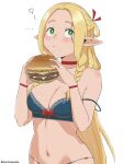 ... 1girl blonde_hair blue_bra blue_panties blush bra braid breasts bright_pupils burger choker closed_mouth commentary dungeon_meshi elf food food_on_face green_eyes hair_ribbon heart highres holding holding_food lettuce long_hair looking_to_the_side looking_up low_twin_braids marcille_donato micchan_(micchanmeido) navel panties pointy_ears red_choker red_ribbon ribbon simple_background strap_slip tomato tomato_slice twin_braids twitter_username underwear underwear_only upper_body very_long_hair white_pupils 