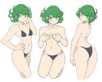  1girl ass breasts closed_mouth covering_breasts covering_privates curly_hair green_eyes green_hair highres looking_at_viewer navel one-punch_man short_hair simple_background small_breasts solo swimsuit tatsumaki topless toshinoshin white_background 