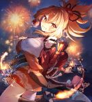  1girl arm_tattoo bandages blonde_hair blush breasts chest_tattoo choker cleavage fireworks genshin_impact gloves grin hair_between_eyes hair_ornament highres holding_fireworks hozumi_rino japanese_clothes kimono long_hair looking_at_viewer looking_back open_mouth orange_kimono ponytail red_choker sarashi smile solo sparkler tattoo yellow_eyes yoimiya_(genshin_impact) 