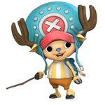  1boy 3d absurdres animal_ears antlers backpack bag barefoot full_body hat highres male male_focus monster_boy official_art one_piece one_piece:_pirate_warriors reindeer shirt shorts simple_background solo stick striped striped_shirt tony_tony_chopper white_background x_(symbol) 