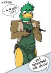 anas anatid anseriform anthro avian beak bird bulge butt dabbling_duck dialogue duck english_text feathers hi_res holding_object i_mean_breast_milk male mallard meme mostly_nude nipples open_mouth paflhy speech_bubble starbucks text uncomfortable work work_uniform