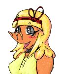 accessory anthro blonde_hair blush bow_ribbon breasts choker clothing digital_drawing_(artwork) digital_media_(artwork) dinosaur faustanon female grey_eyes hair hair_accessory hair_bow hair_ribbon heather_(snoot_game) jewelry looking_at_viewer necklace open_mouth open_smile orange_body orange_scales pupils reptile ribbons scales scalie sharp_teeth shirt simple_background slit_pupils smile smiling_at_viewer snoot_game snout solo speckled_body stripes tank_top teeth topwear white_background