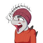 anthro beanie better_version_at_source blush breasts clothed clothing colored dinosaur erin_(snoot_game) female grey_body grey_scales hat headgear headwear open_mouth red_eyes reptile scales scalie screeching simple_background snoot_game snout solo spiked_back sweater teeth tongue topwear unknown_artist uvula white_background