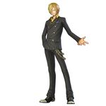  1boy 3d absurdres black_necktie blonde_hair collared_shirt formal full_body hair_over_one_eye hand_in_pocket highres male male_focus necktie official_art one_piece one_piece:_pirate_warriors pinstripe_pattern pinstripe_suit saddle_shoes sanji shirt short_hair simple_background solo suit yellow_shirt 