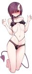  1girl absurdres bare_shoulders barefoot bikini black_bikini black_choker blush braid choker demon_tail flat_chest full_body hair_ornament hair_over_one_eye highres horns navel nemi_(nemmmiii) original purple_hair red_eyes short_hair simple_background single_braid single_horn solo swimsuit tail white_background 