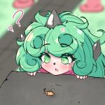  1girl ? ?? absurdres beetle blurry blurry_background blush bug commentary curly_hair english_commentary green_eyes green_hair highres horns komano_aunn open_mouth outdoors rownou single_horn solo touhou 