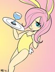  allosaurus allosaurus_(artist) animal_ears camel_toe clothed clothing female fluttershy_(mlp) friendship_is_magic glass hair human humanized lagomorph looking_at_viewer mammal megasweet my_little_pony not_furry pink_hair plate pose rabbit_ears simple_background solo waiter young young_human 