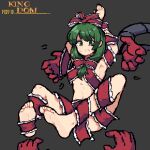  1girl absurdres artist_name barefoot bound bow frilled_bow frilled_ribbon frills full_body green_eyes green_hair grey_background highres kagiyama_hina kingdom_(user_ysav4824) open_mouth red_ribbon ribbon solo tickling touhou 