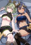  2girls :o absurdres belt between_breasts black_hair black_shirt black_skirt black_thighhighs blue_belt blue_eyes blue_necktie blush breast_suppress breasts brown_horns closed_mouth commentary_request crop_top demon_girl demon_horns demon_tail feet_out_of_frame green_hair green_necktie grey_socks hair_between_eyes highres horns large_breasts long_bangs long_hair looking_at_viewer lying medium_bangs miniskirt multiple_girls nanashi_inc. necktie necktie_between_breasts on_back on_bed open_mouth pillow pleated_skirt pointy_ears sekishiro_mico shimamura_charlotte shirt short_hair skirt sleeveless sleeveless_shirt smile socks tail tamotsu_(mary) tan thighhighs very_long_hair virtual_youtuber 