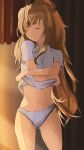  1girl absurdres aisaka_taiga brown_hair closed_eyes closed_mouth clothes_lift commentary curtains cynist1 highres indoors lifted_by_self long_hair midriff navel no_pants panties shirt shirt_lift short_sleeves solo standing toradora! underwear undressing white_panties white_shirt 
