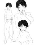  1girl breasts dot_nose full_body hand_to_own_mouth hands_in_pockets highres kms2605 looking_at_viewer looking_to_the_side monochrome multiple_views original pants parted_lips short_hair simple_background sketch standing sweater tomboy turtleneck turtleneck_sweater upper_body 