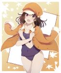  1girl bakemonogatari blue_one-piece_swimsuit breasts brown_eyes brown_hair cabbie_hat covered_navel cowboy_shot e_(eokiba) hat highres jacket jacket_on_shoulders looking_at_viewer medium_hair monogatari_(series) one-piece_swimsuit open_mouth school_swimsuit sengoku_nadeko small_breasts solo swimsuit 