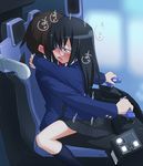  1girl arcade black_hair blazer blue_eyes blush brown_hair clothed_sex cockpit ear_blush girl_on_top glasses heart hug ikune_juugo implied_sex jacket kneehighs open_mouth original petite playing_games school_uniform sitting skirt stealth_sex video_game 