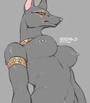 2024 anthro anubian_jackal areola arm_tuft armlet artist_name big_breasts big_nipples black_areola black_body black_breasts black_ears black_eyelashes black_fur black_nipples black_nose breasts canid canine canis dated digital_drawing_(artwork) digital_media_(artwork) eye_markings eyelashes female female_anthro fur fur_tuft glistening glistening_areola glistening_body glistening_fur glistening_nipples grey_background hi_res iris jackal looking_at_viewer low-angle_view mammal markings mostly_nude mostly_nude_anthro mostly_nude_female mouth_closed mouth_markings neck_ring nipples pink_inner_ear prick_ears pupils red_eyes sigma-d simple_background snout solo tan_markings thick_neck tuft wide_hips