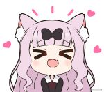  &gt;_&lt; 1girl :d animal_ear_fluff animal_ears black_bow black_dress blush bow chibi closed_eyes collared_dress commentary_request dress facing_viewer fang fujiwara_chika hair_bow heart kaguya-sama_wa_kokurasetai_~tensai-tachi_no_renai_zunousen~ kemonomimi_mode long_hair mitya neck_ribbon notice_lines pink_hair red_ribbon ribbon simple_background smile solo twitter_username upper_body very_long_hair white_background xd 