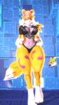 2024 3d_(artwork) animated anthro bandai_namco big_breasts biped black_clothing black_nose black_sclera blue_eyes blue_markings breasts cheek_tuft claws clothed clothing countershade_torso countershading crop_top digimon digimon_(species) digital_media_(artwork) digitigrade dipstick_ears dipstick_tail eye_markings eyewear facial_tuft female glasses gloves_(marking) hands_on_own_hips kespr leg_markings looking_at_viewer markings midriff multicolored_body multicolored_ears neck_tuft pince-nez rena_(yourdigimongirl) renamon shirt shoulder_tuft socks_(marking) solo tail tail_markings thick_thighs thigh_markings toe_claws tomoe_(symbol) topwear tuft two_tone_body walking white_body white_markings yellow_body