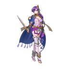  1girl absurdres breasts cleavage earrings fire_emblem fire_emblem:_the_binding_blade fire_emblem_heroes hanusu highres holding holding_sword holding_weapon jewelry juno_(fire_emblem) juno_(nimble_grace)_(fire_emblem) looking_at_viewer official_alternate_costume official_art pelvic_curtain purple_eyes purple_hair simple_background smile solo sword tachi-e tassel tassel_earrings weapon white_background 