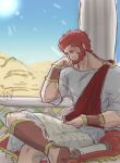  ancient_greek_clothes beard column elbow_rest facial_hair fate/grand_order fate_(series) feet_up full_beard greco-roman_clothes highres iskandar_(fate) karasu_18-go male_focus mature_male pillar red_hair sash short_hair sitting sleeping sunlight thick_beard thick_eyebrows unfinished 