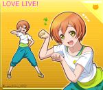  1girl :d ;d blue_pants blush bob_cut character_name collarbone copyright_name full_body green_shirt hand_on_own_hip hoshizora_rin looking_at_viewer love_live! love_live!_school_idol_project off-shoulder_shirt off_shoulder one_eye_closed orange_hair pants paw_pose shirt short_hair short_sleeves smile solo standing striped_background twitter_username upper_body w_over_eye white_shirt yellow_background yellow_eyes yellow_footwear yumechiku 