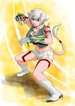  boots breasts claw_(weapon) cleavage dragon_quest dragon_quest_x horns jewelry medium_breasts midriff necklace ogre_(dq10) pink_skin pointy_ears purple_eyes short_hair shorts solo tail tattoo uchiyan-uchizum vest weapon white_hair 