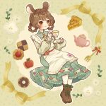  1girl absurdres amber_primrose animal_ears apple_pie apron braided_hair_rings brown_eyes brown_footwear brown_hair collar commission cookie cup dress food fork frilled_collar frills green_dress highres holding holding_cup indie_virtual_youtuber long_dress pie pinkmm skeb_commission smile solo teacup virtual_youtuber white_apron 