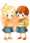  2boys backpack bag black_hair blonde_hair blue_shorts blush brown_bag closed_mouth full_body hitofutarai lucas_(mother_3) male_focus mother_(game) mother_2 mother_3 multiple_boys ness_(mother_2) red_footwear shirt shoes short_sleeves shorts smile socks solid_oval_eyes striped_clothes striped_shirt white_background white_socks 