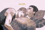  2boys bara chris_redfield closed_mouth couple english_text facial_hair gge_(gebback_dark) large_pectorals lying lying_on_person male_focus multiple_boys muscular muscular_male on_back open_mouth pectorals piers_nivans pillow resident_evil resident_evil_6 scar scar_on_arm scar_on_face shirt short_hair twitter_username yaoi 
