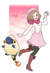  1girl absurdres beret boots brown_footwear brown_hair commission crossover full_body hat heart highres holding holding_poke_ball horns love_ball mareep okumura_haru one_eye_closed persona persona_5 pink_headwear poke_ball pokemon pokemon_(creature) tail vergolophus 