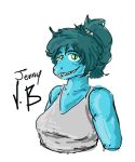 anthro blue_body blue_hair blue_scales breasts bust_portrait clothing dinosaur faustanon female green_eyes grinning_at_viewer hair jenny_(snoot_game) looking_at_viewer ponytail portrait pupils reptile scales scalie sharp_teeth shirt simple_background slit_pupils snoot_game snout solo tank_top teeth topwear white_background