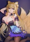  1girl absurdres animal_ears arm_behind_head arm_garter arm_ribbon black_bow black_bowtie black_dress blonde_hair blue_eyes bow bowtie braid breasts cleavage dress drill_hair drill_sidelocks fox_ears fox_girl fox_tail hair_between_eyes hair_bun highres indie_virtual_youtuber koromo_naruru large_breasts long_hair mito_soosu multiple_tails open_mouth purple_ribbon ribbon shadow sidelocks solo strapless strapless_dress tail virtual_youtuber 