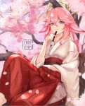  1girl animal_ears art_brush artist_logo between_fingers cherry_blossoms closed_mouth ears_down eyes_visible_through_hair feet_out_of_frame flower fox_ears genshin_impact hair_between_eyes hakama hakama_pants hand_up highres holding holding_brush in_tree japanese_clothes kimono light_smile long_hair long_sleeves looking_at_viewer obi on_branch on_tree paintbrush pants petals pink_hair plant pleated_pants purple_eyes red_flower red_pants red_sash ryrmcher sash signature sitting sitting_in_tree sitting_on_branch solo tree watermark white_kimono wide_sleeves yae_miko 