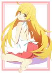  1girl backless_shirt bare_shoulders barefoot blonde_hair blush gesugesu_ahoaho long_hair looking_at_viewer looking_back monogatari_(series) oshino_shinobu pink_skirt pointy_ears shirt simple_background sitting skirt smile solo vampire wariza white_shirt yellow_eyes 