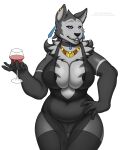 alcohol alpha_channel anthro bedroom_eyes beverage big_breasts black_clothing black_dress blue_eyes breast_squish breasts canid canine canis clothing crossgender domestic_dog dress ear_piercing ear_ring exposed_cleavage female fur gold_jewelery hi_res husky mammal multicolored_body multicolored_fur narrowed_eyes neck_tuft nordic_sled_dog phrostbite piercing ring_piercing seductive slightly_chubby solo spitz squish translucent translucent_clothing tuft two_tone_body two_tone_fur wine zesh